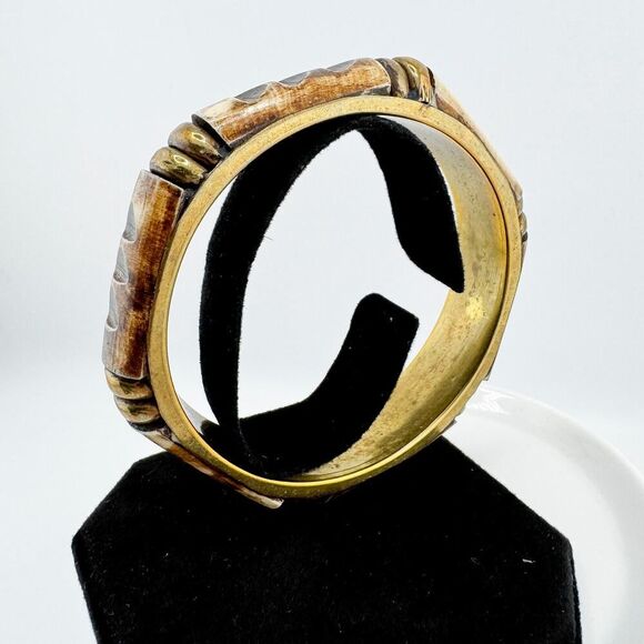 Vintage Hand-Carved Wood Brass Bangle Rustic Statement Bracelet Retro - Picture 3 of 9